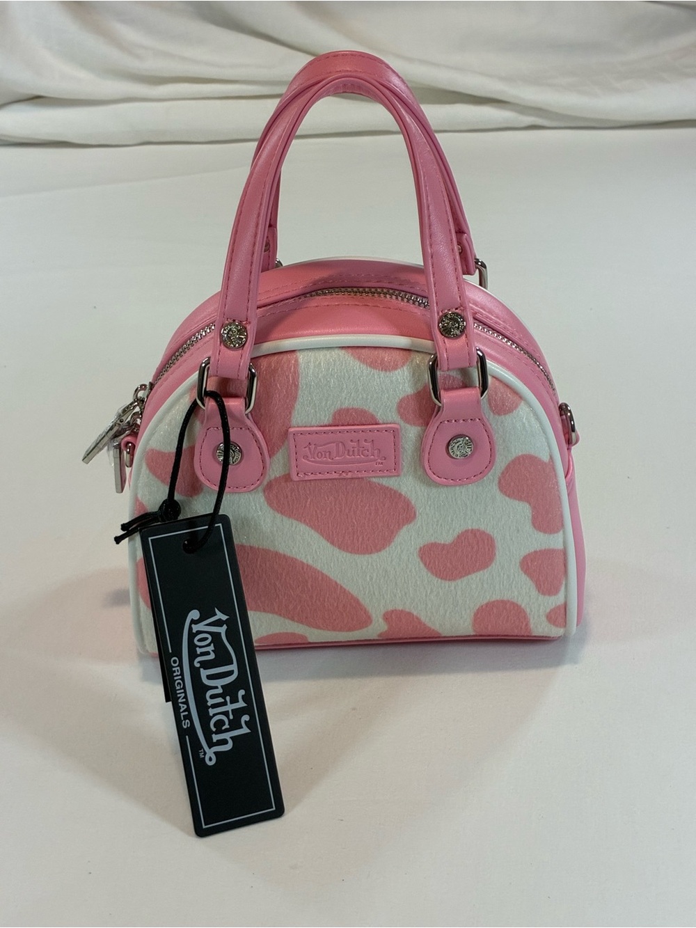 Von Dutch Pink and White Cowprint Mini Dome Tote with Attachable Strap